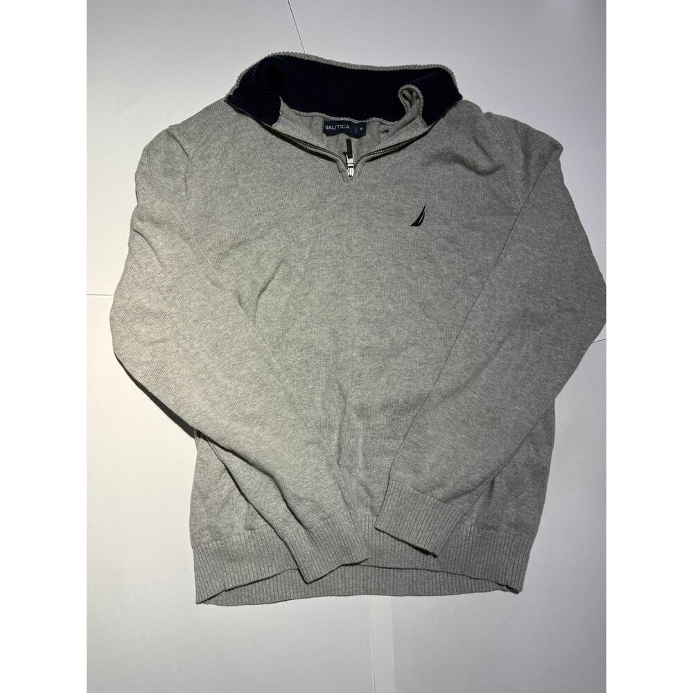 Nautica Quarter-Zip Knit Sweater (Heather Grey / Navy, Size Medium)